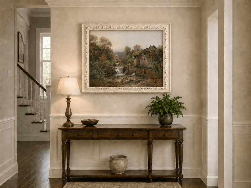 Autumn stone mill and waterfall hand-painted oil artwork shown as home wall decor.