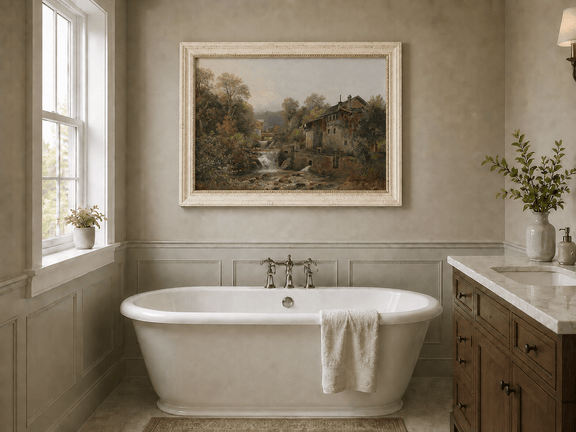 Waterfall, stream and stone mill landscape oil painting presented as interior home decor.