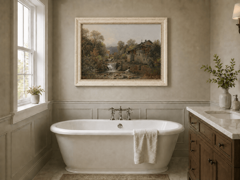 Waterfall, stream and stone mill landscape oil painting presented as interior home decor.