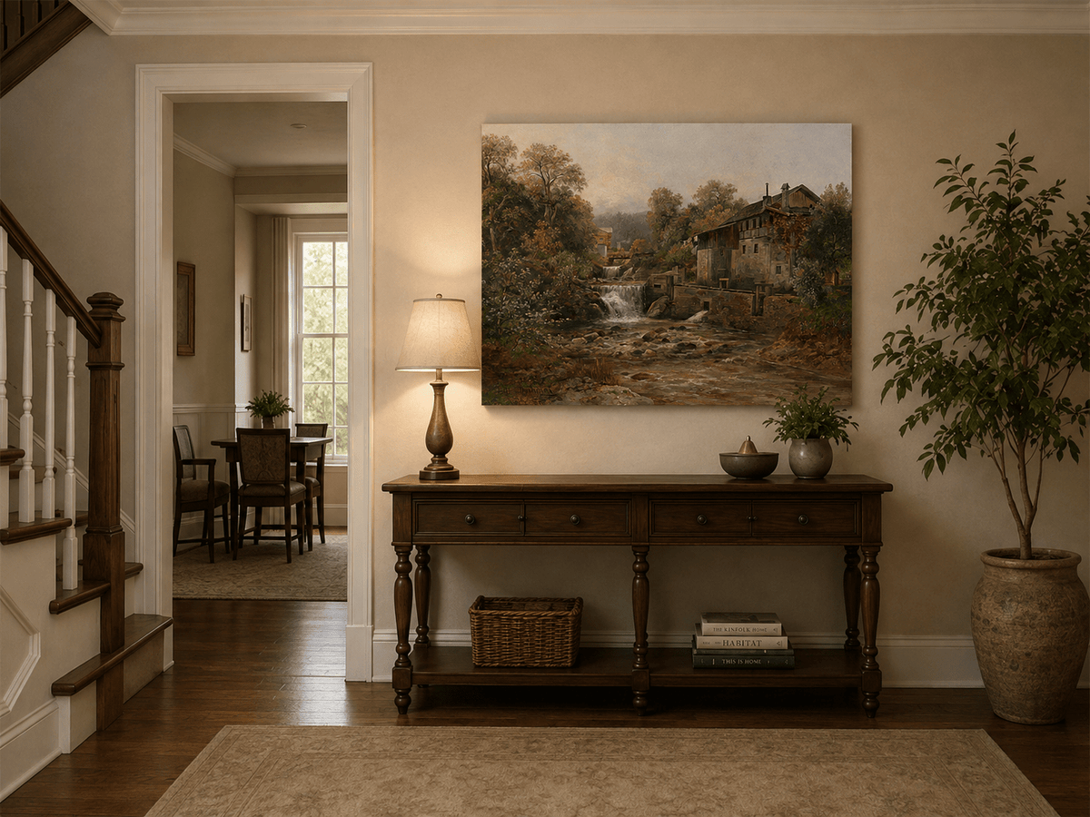 Stream, waterfall and autumn foliage landscape painting shown as decorative oil wall art.