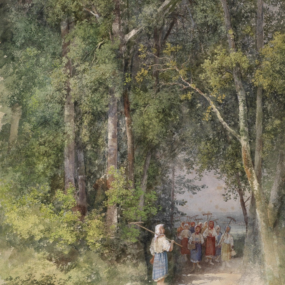 Landscape Oil Painting - Summer Forest Path, Peasant Women with Farm Tools - Oil Painting Haven