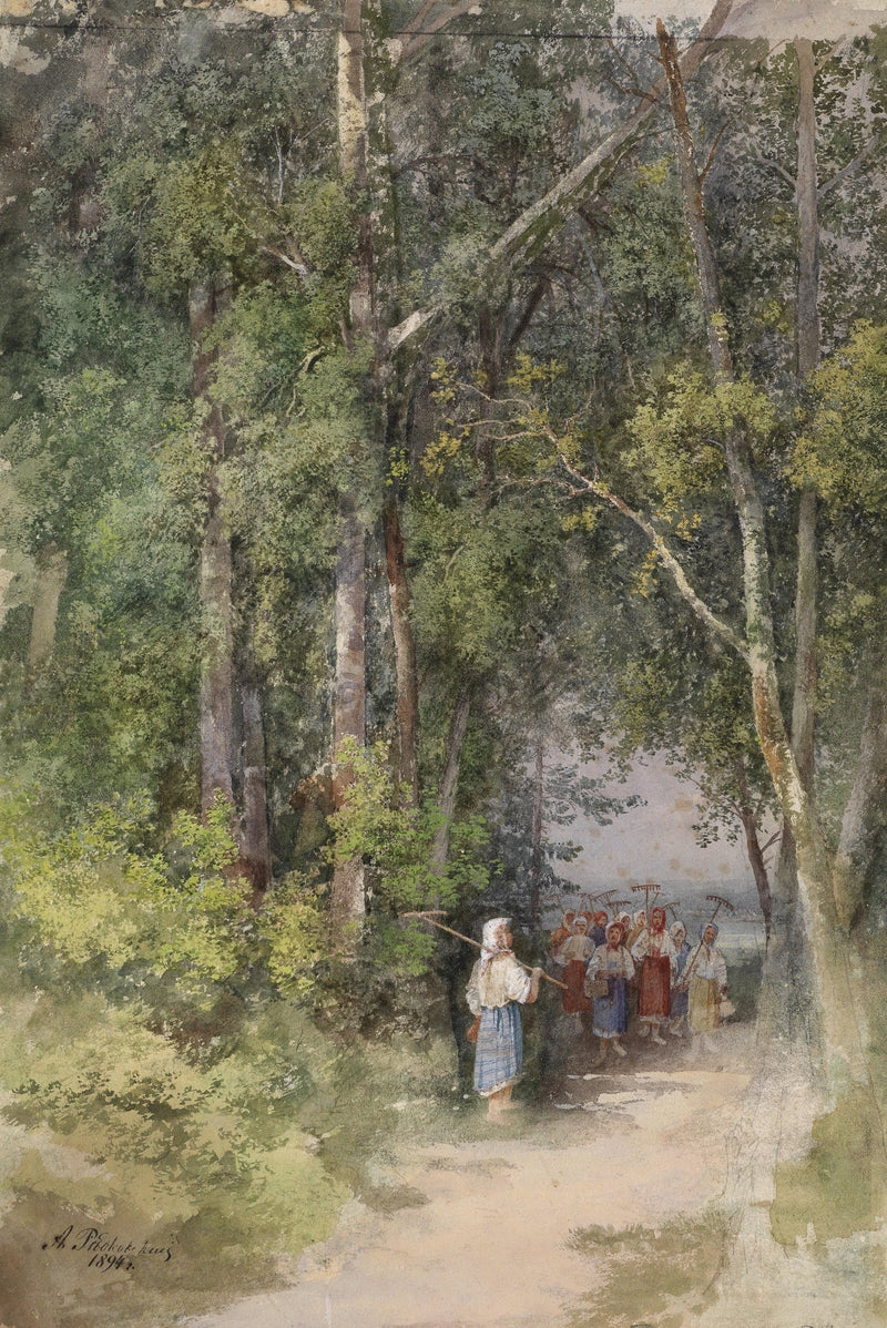 Landscape Oil Painting - Summer Forest Path, Peasant Women with Farm Tools - Oil Painting Haven