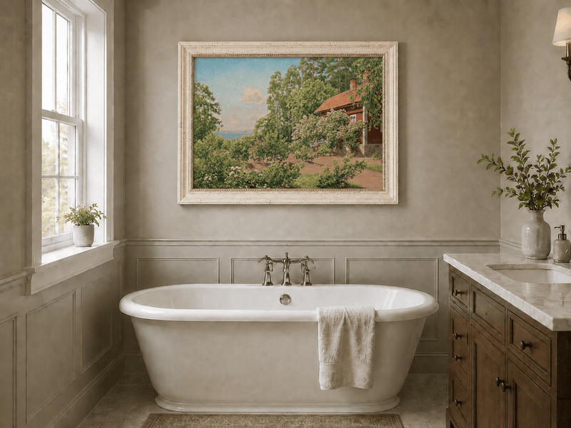 Landscape Oil Painting - Summer Garden Cottage by the Lake