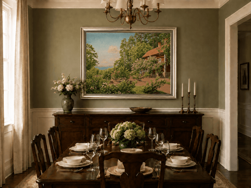 Landscape Oil Painting - Summer Garden Cottage by the Lake