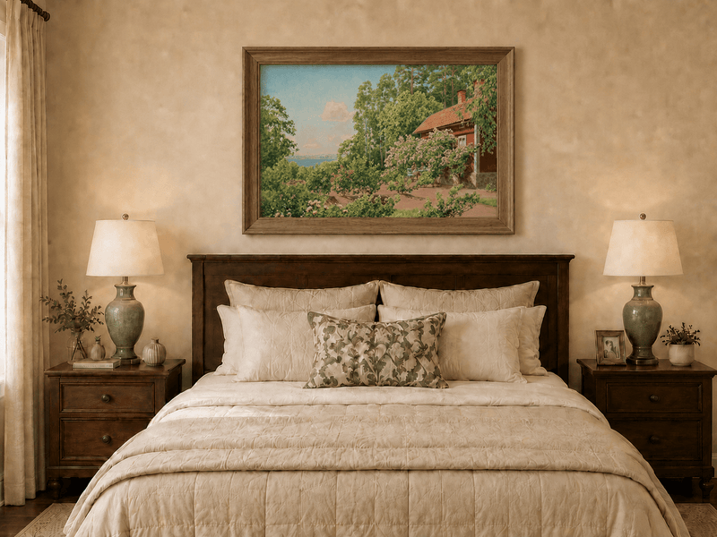 Landscape Oil Painting - Summer Garden Cottage by the Lake