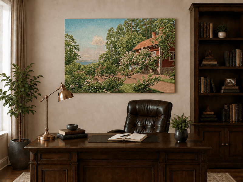 Landscape Oil Painting - Summer Garden Cottage by the Lake
