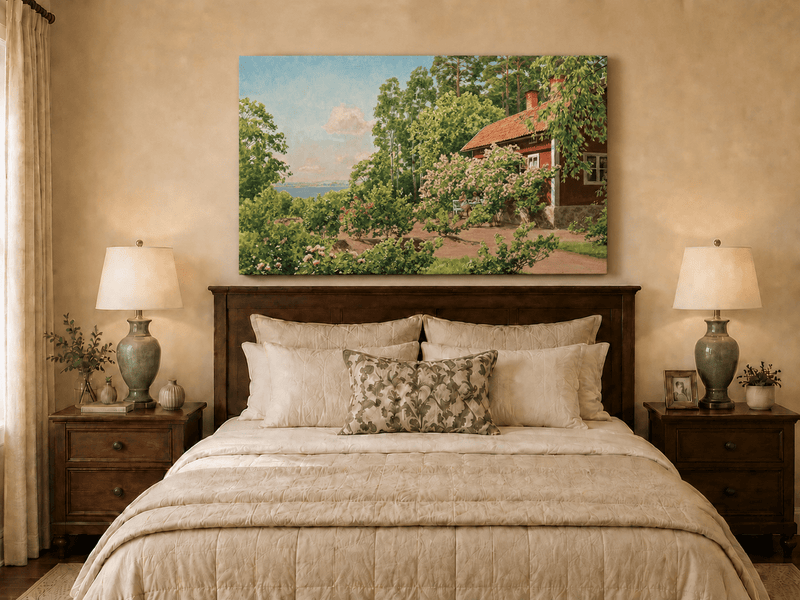 Landscape Oil Painting - Summer Garden Cottage by the Lake