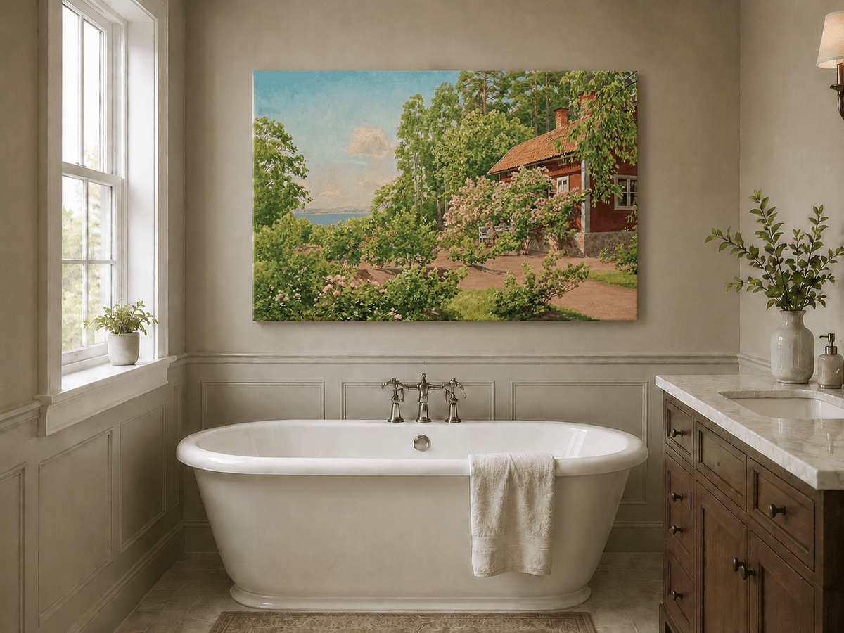 Landscape Oil Painting - Summer Garden Cottage by the Lake