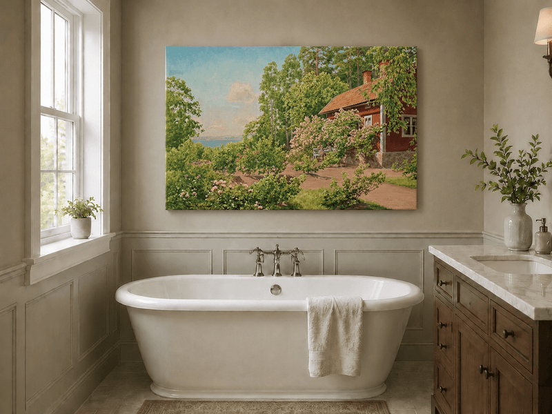 Landscape Oil Painting - Summer Garden Cottage by the Lake
