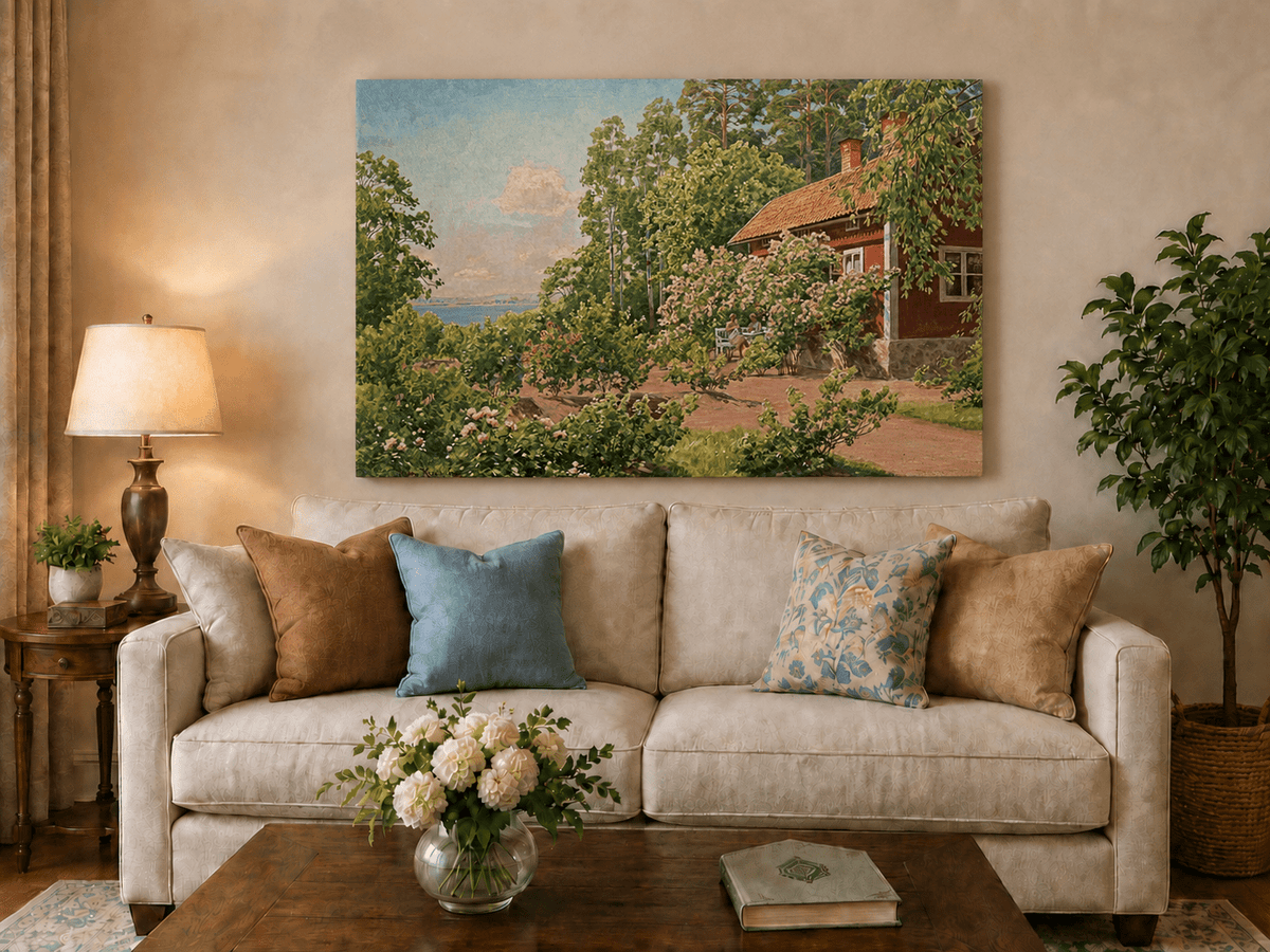 Landscape Oil Painting - Summer Garden Cottage by the Lake
