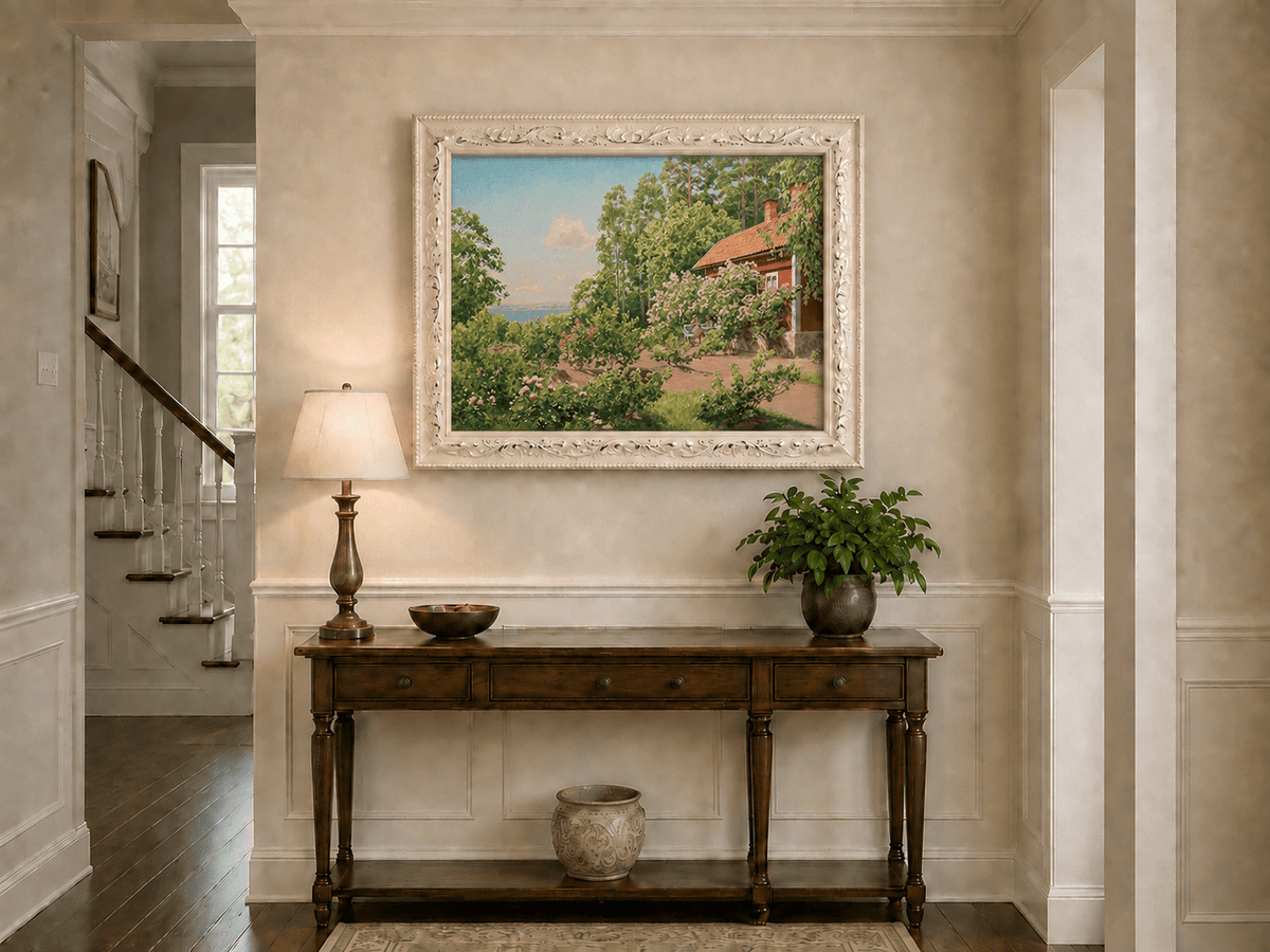 Landscape Oil Painting - Summer Garden Cottage by the Lake