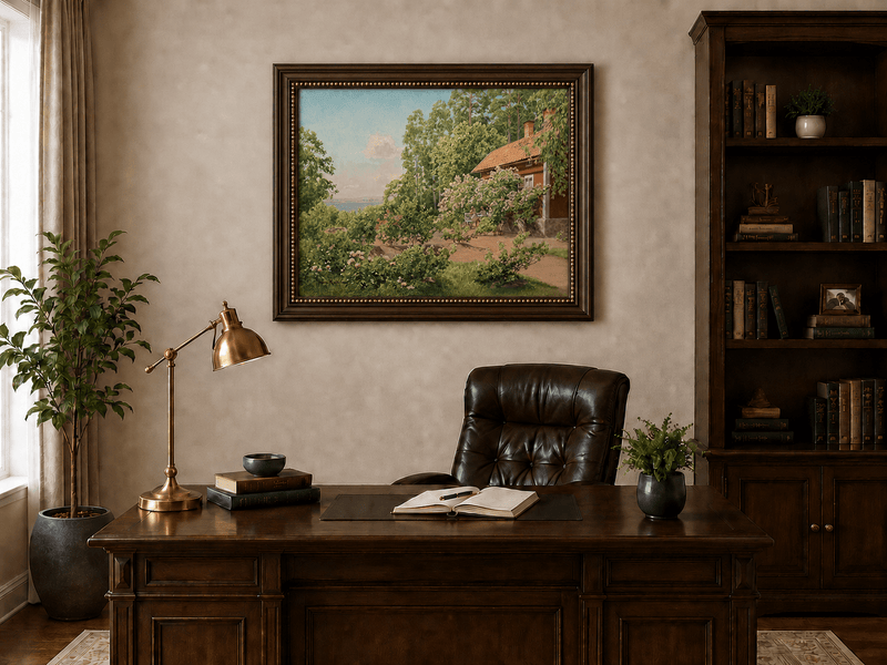 Landscape Oil Painting - Summer Garden Cottage by the Lake