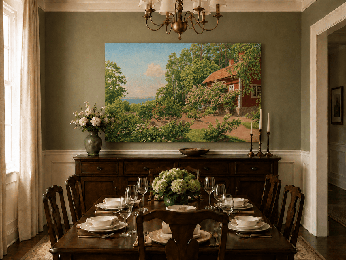 Landscape Oil Painting - Summer Garden Cottage by the Lake