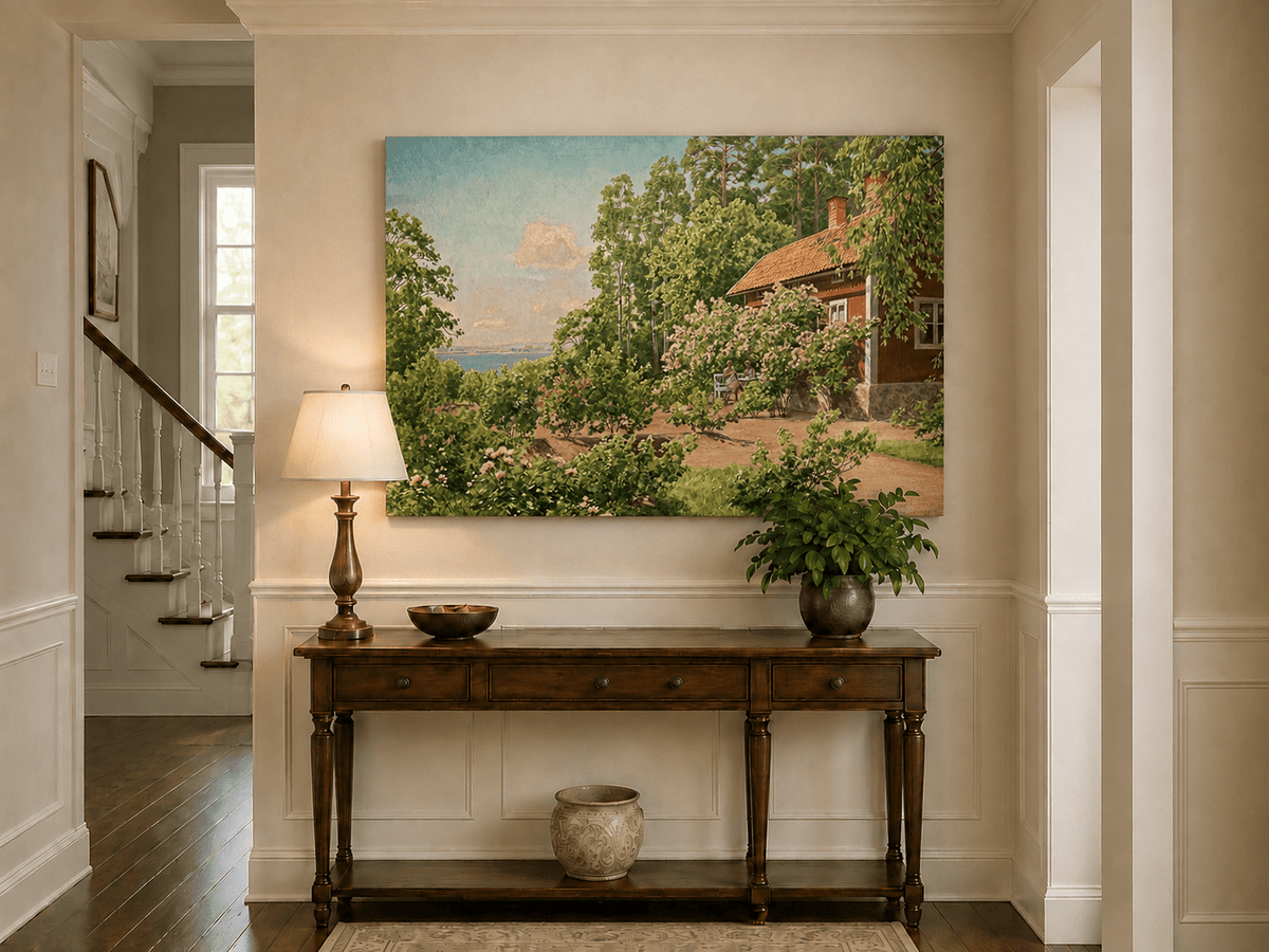 Landscape Oil Painting - Summer Garden Cottage by the Lake