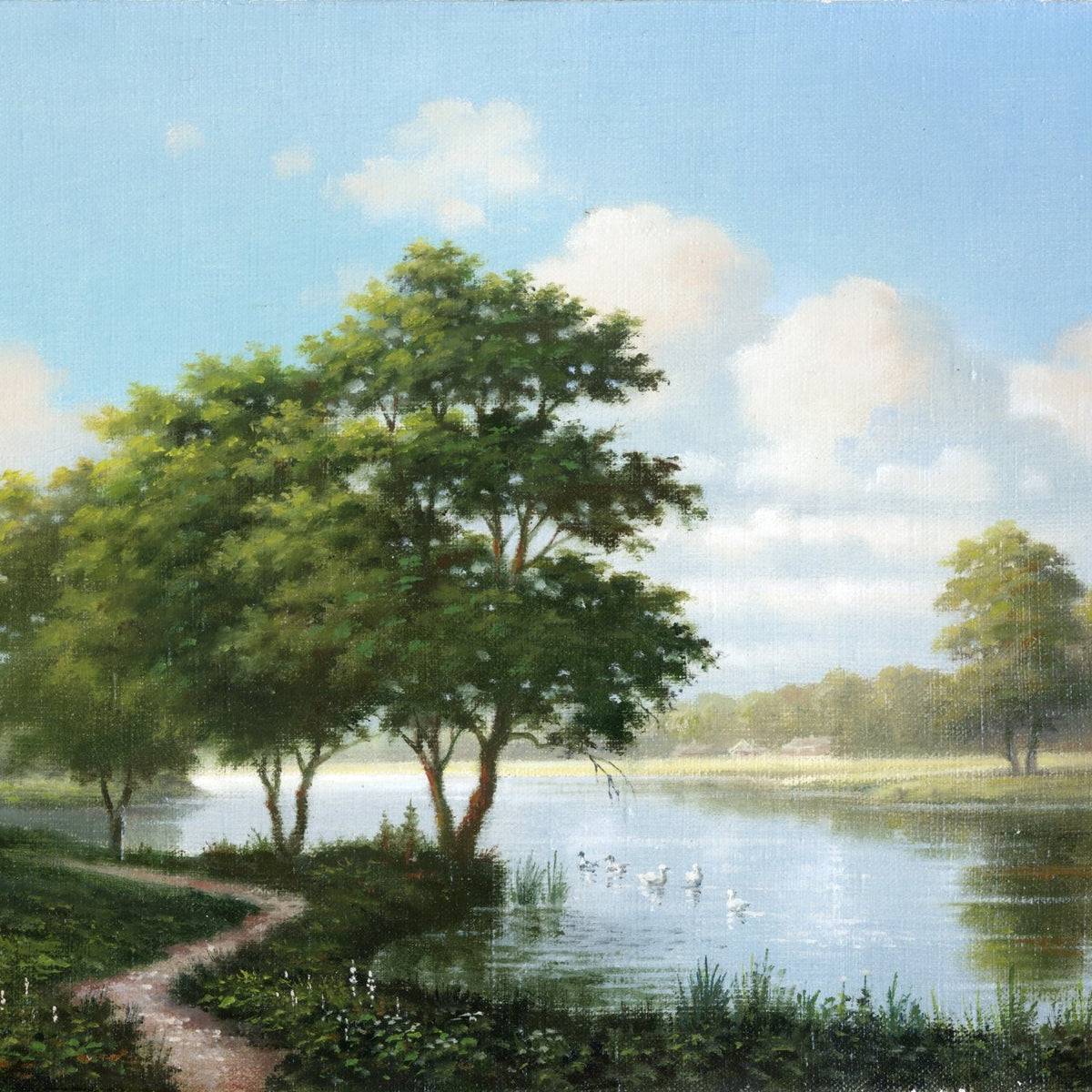 Landscape Oil Painting - Summer lake path swans & pastoral water scene - Oil Painting Haven