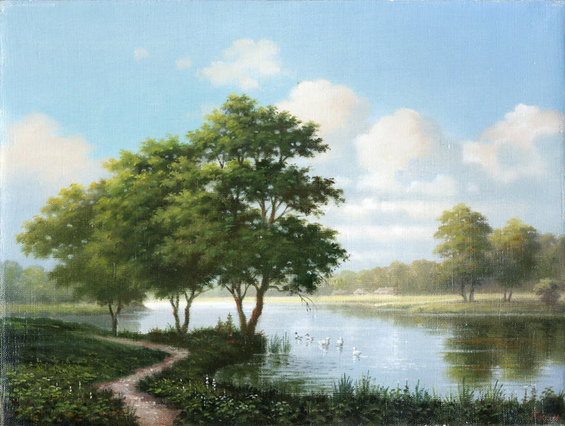 Landscape Oil Painting - Summer lake path swans & pastoral water scene - Oil Painting Haven