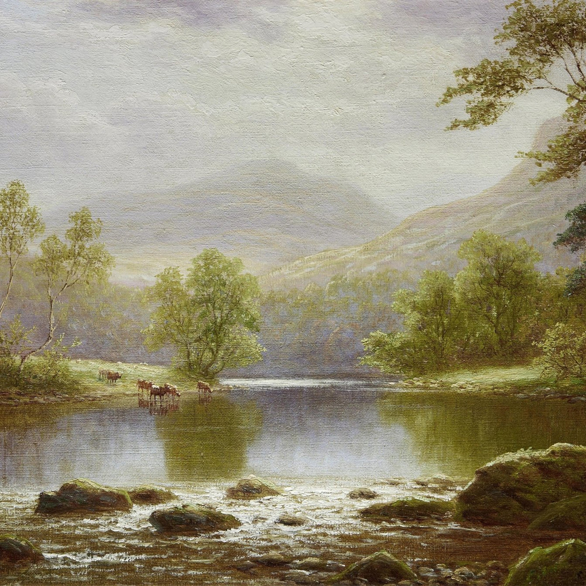 Landscape Oil Painting - Summer mountain lake & calm waters, cattle - Oil Painting Haven