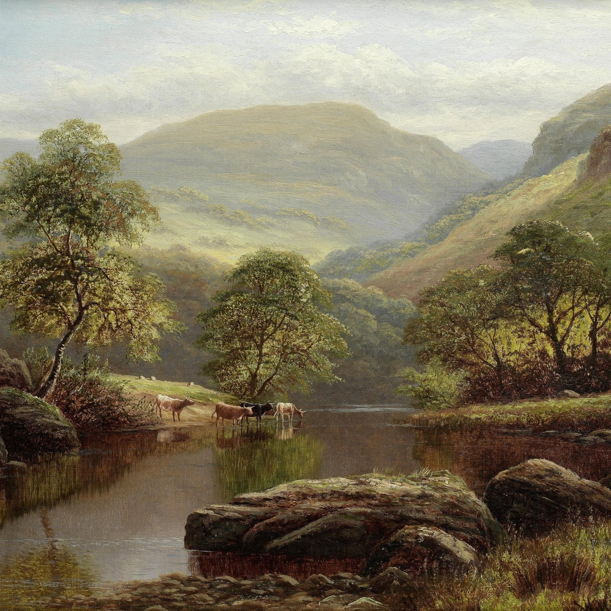 Landscape Oil Painting - Summer mountain valley river & cattle by shores - Oil Painting Haven