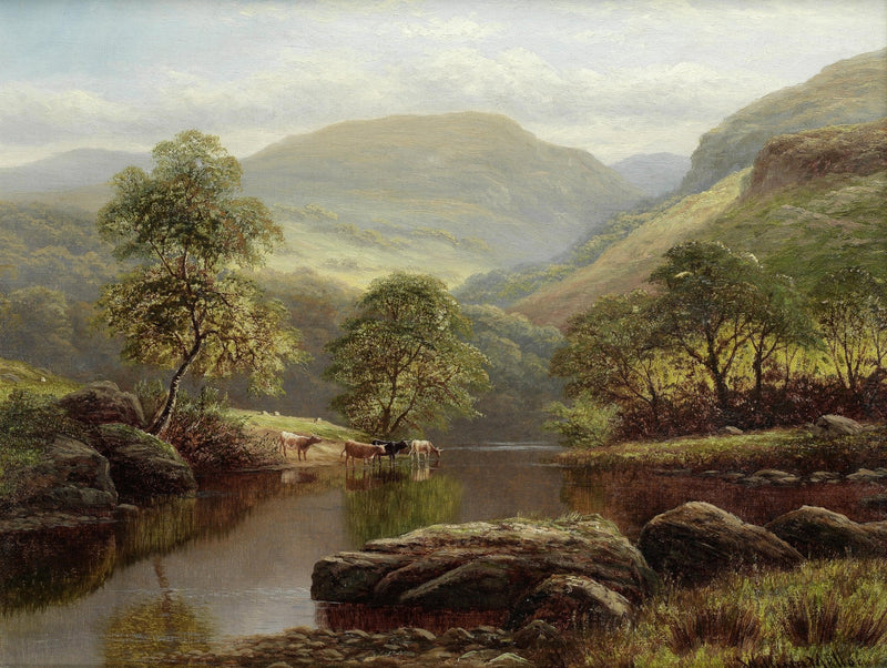 Landscape Oil Painting - Summer mountain valley river & cattle by shores - Oil Painting Haven