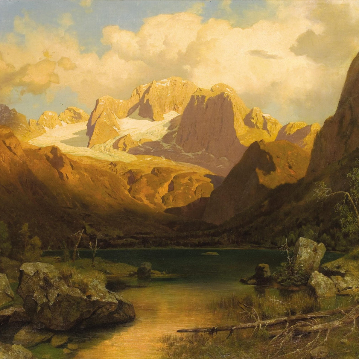 Landscape Oil Painting - Sunlit alpine peak & snow - dusted slopes - Oil Painting Haven