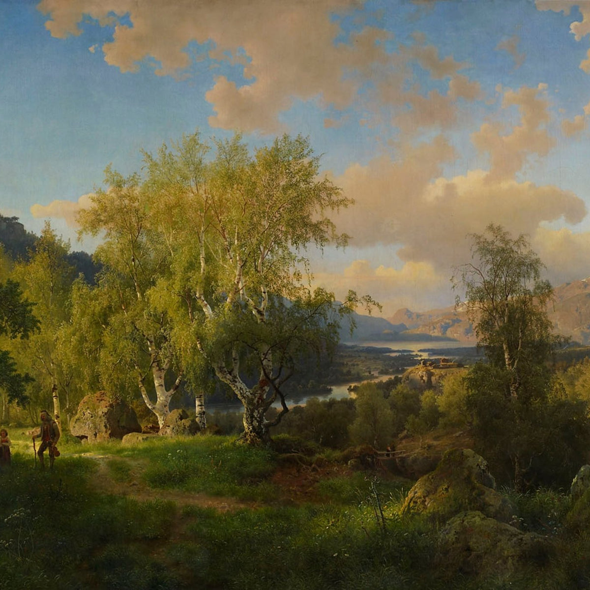Hand-painted sunlit birch grove and mountain lake view landscape oil painting on canvas