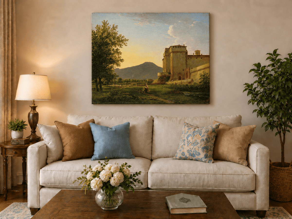 Peinture à l'huile de paysage - Gouffre rocheux spectaculaire avec personnages
