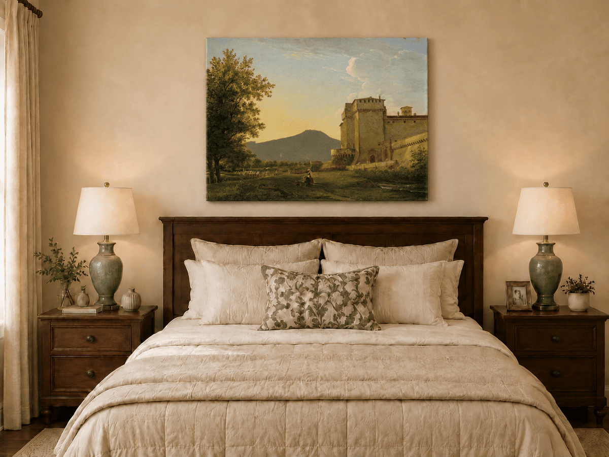 Peinture à l'huile de paysage - Gouffre rocheux spectaculaire avec personnages