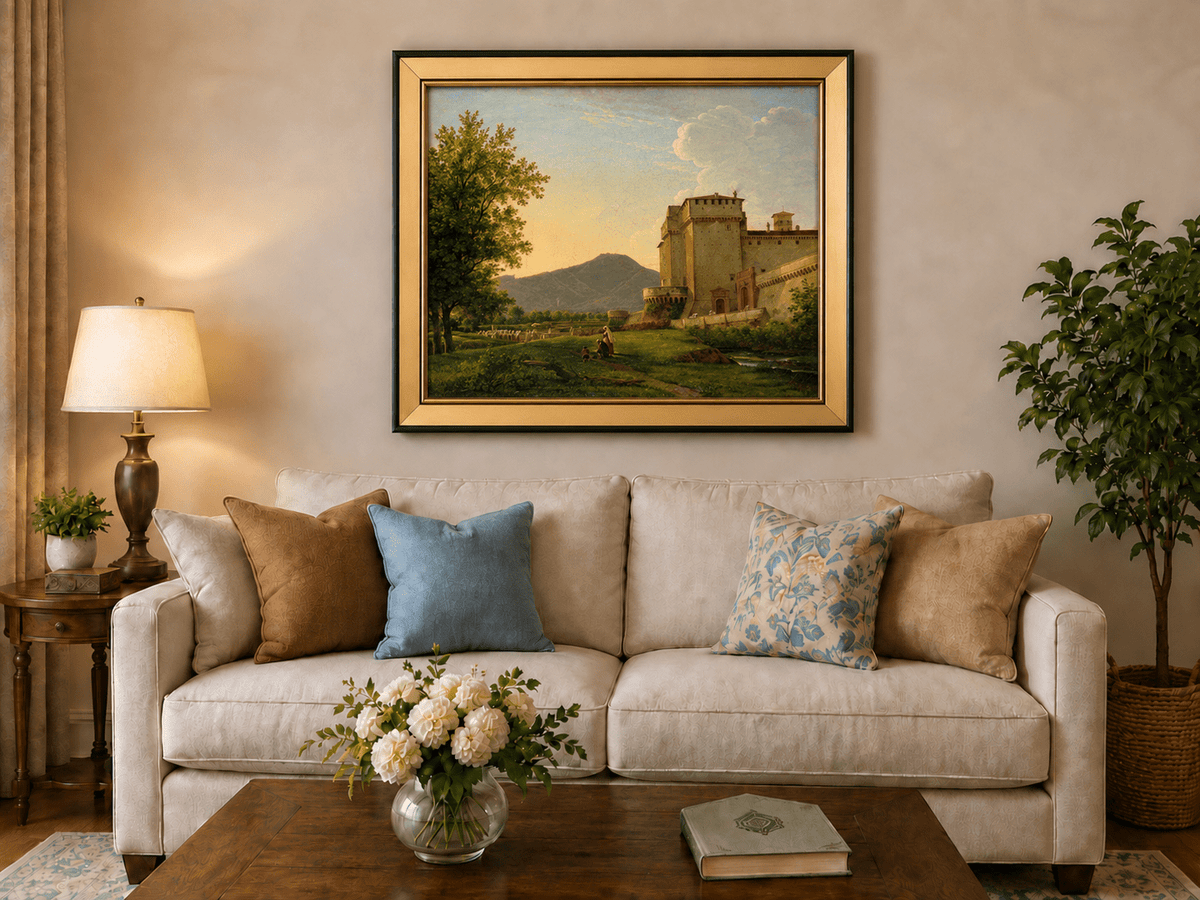 Peinture à l'huile de paysage - Gouffre rocheux spectaculaire avec personnages