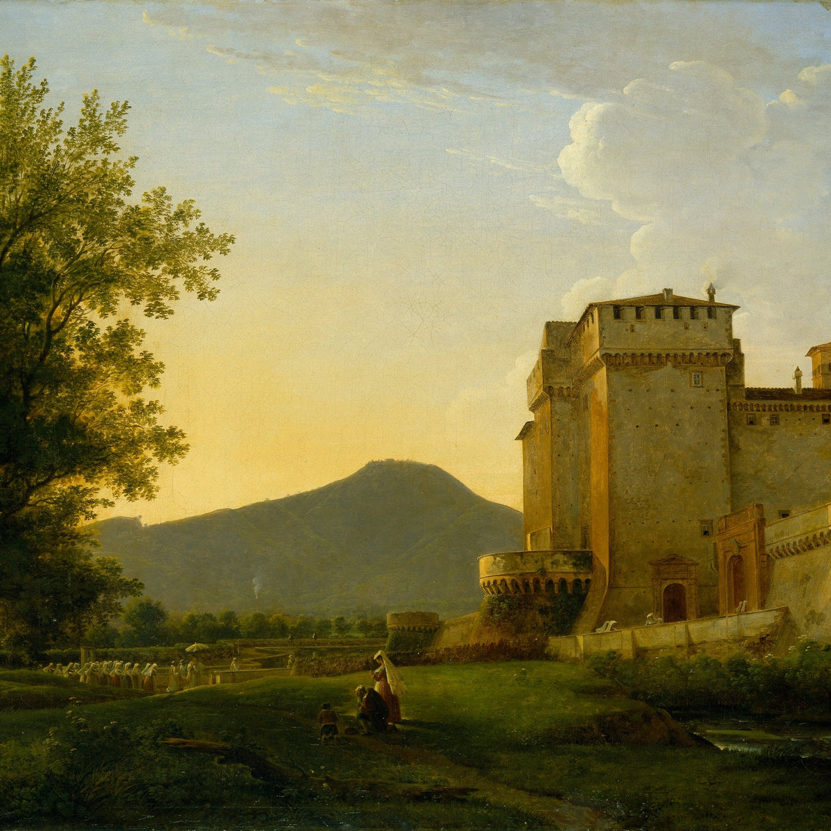 Hand-painted sunlit castle and figures in alban hills landscape oil painting on canvas