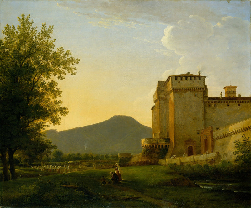 Hand-painted sunlit castle and figures in alban hills landscape oil painting on canvas