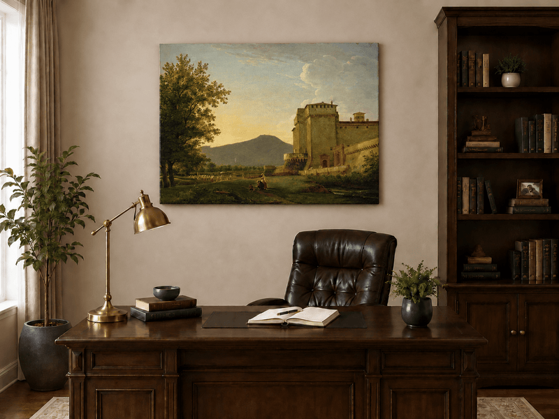 Peinture à l'huile de paysage - Gouffre rocheux spectaculaire avec personnages