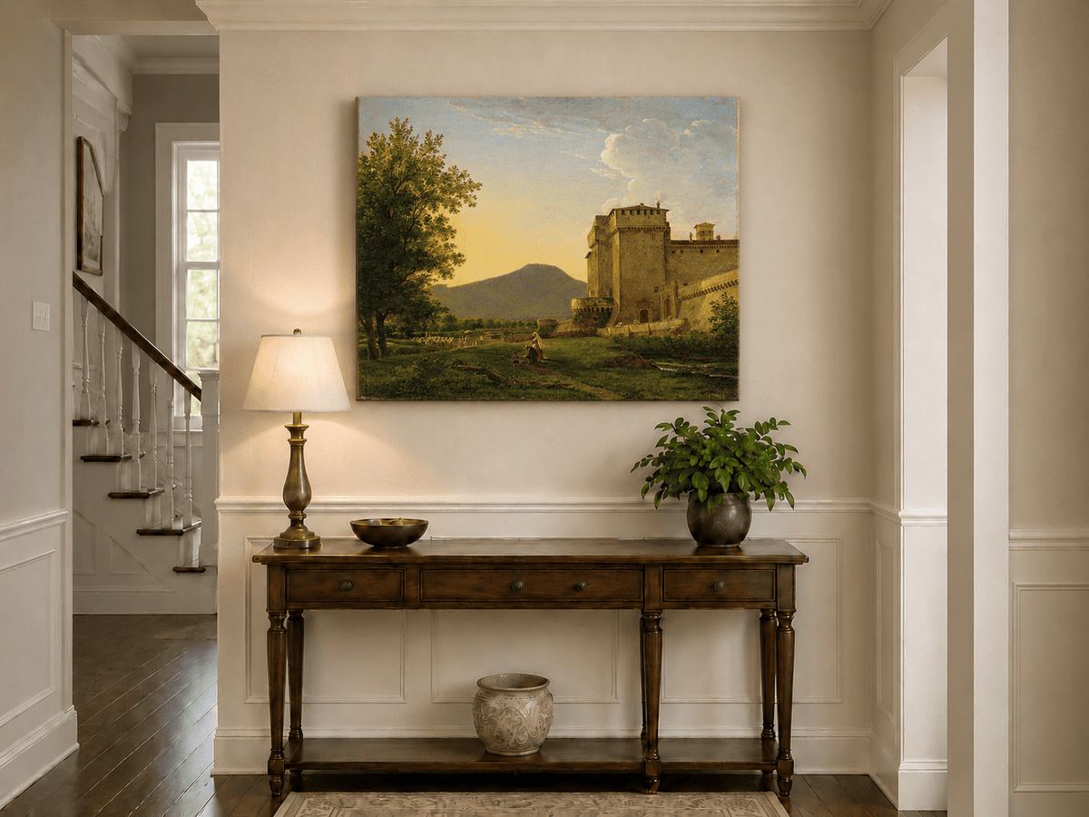 Peinture à l'huile de paysage - Gouffre rocheux spectaculaire avec personnages