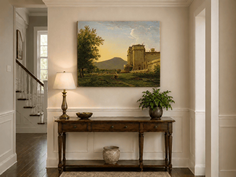 Peinture à l'huile de paysage - Gouffre rocheux spectaculaire avec personnages