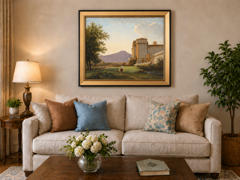 Hand-painted Sunlit Castle and Mountain View landscape oil painting displayed as wall art in a styled interior