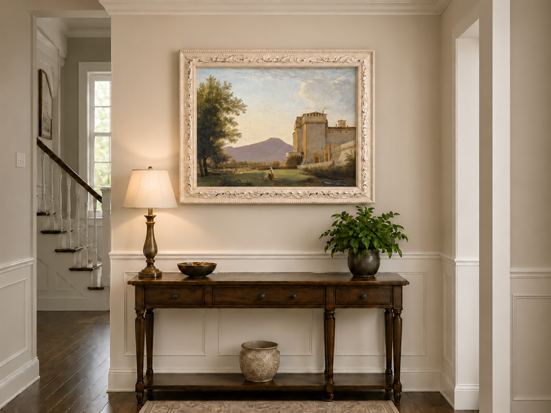 Hand-painted Sunlit Castle and Mountain View landscape oil painting displayed as wall art in a styled interior