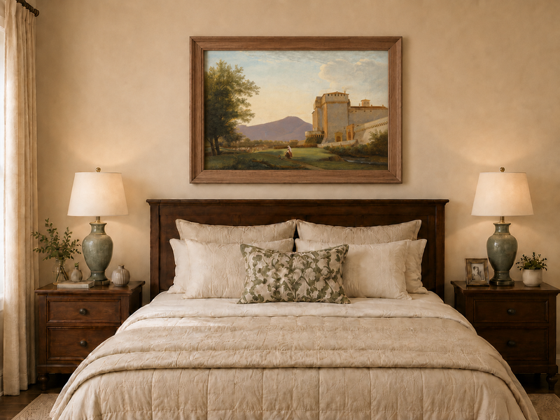 Hand-painted Sunlit Castle and Mountain View landscape oil painting displayed as wall art in a styled interior