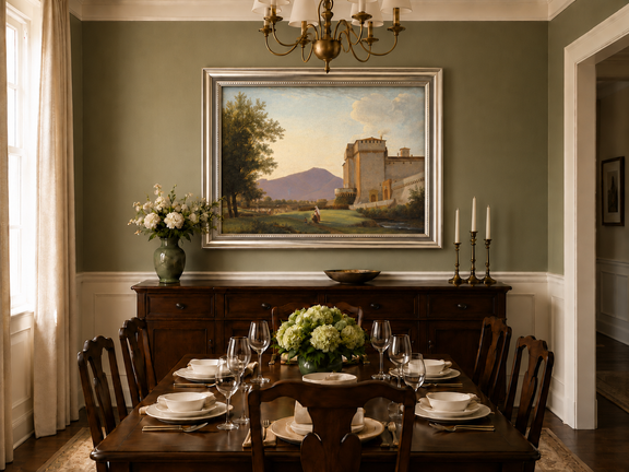 Hand-painted Sunlit Castle and Mountain View landscape oil painting displayed as wall art in a styled interior