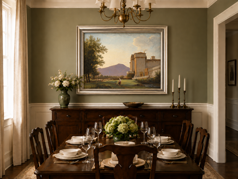 Hand-painted Sunlit Castle and Mountain View landscape oil painting displayed as wall art in a styled interior