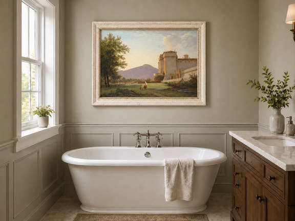 Hand-painted Sunlit Castle and Mountain View landscape oil painting displayed as wall art in a styled interior