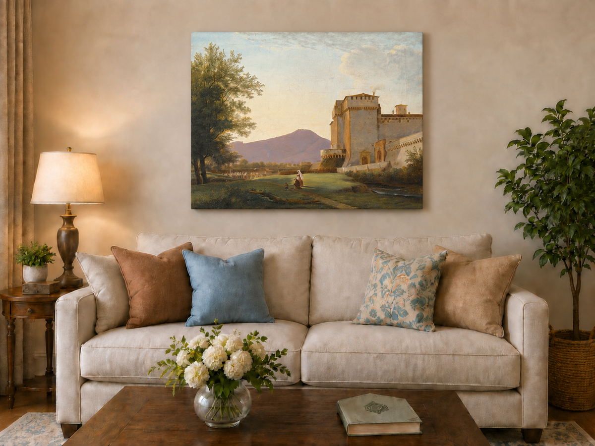 Hand-painted Sunlit Castle and Mountain View landscape oil painting displayed as wall art in a styled interior