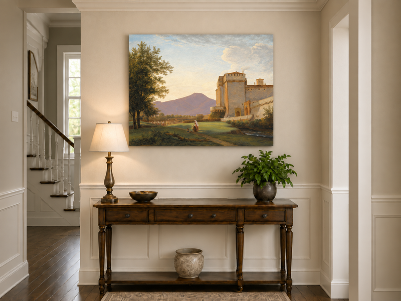 Hand-painted Sunlit Castle and Mountain View landscape oil painting displayed as wall art in a styled interior