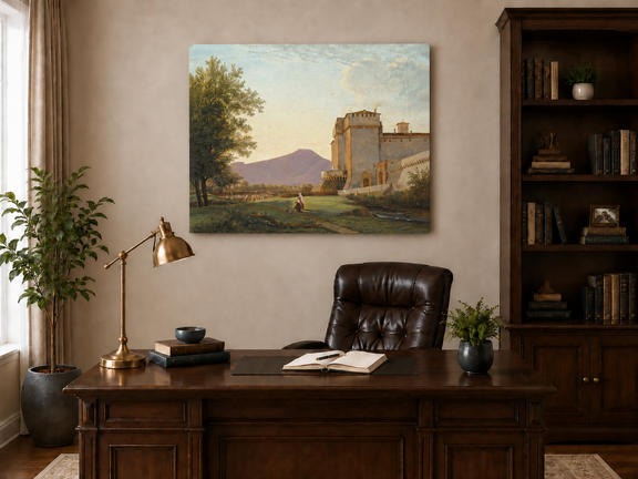 Hand-painted Sunlit Castle and Mountain View landscape oil painting displayed as wall art in a styled interior