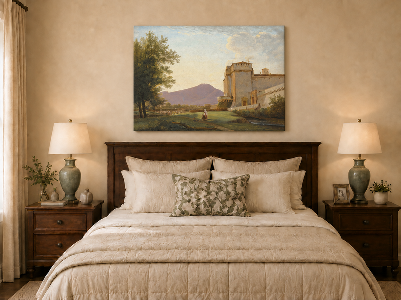 Hand-painted Sunlit Castle and Mountain View landscape oil painting displayed as wall art in a styled interior