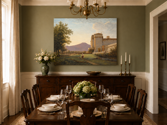 Hand-painted Sunlit Castle and Mountain View landscape oil painting displayed as wall art in a styled interior