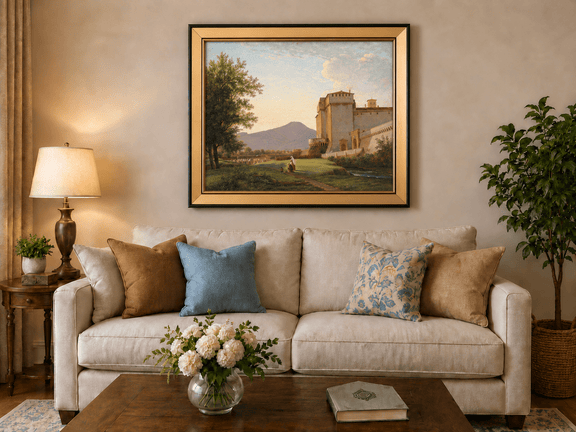 Hand-painted Sunlit Castle and Mountain View landscape oil painting displayed as wall art in a styled interior