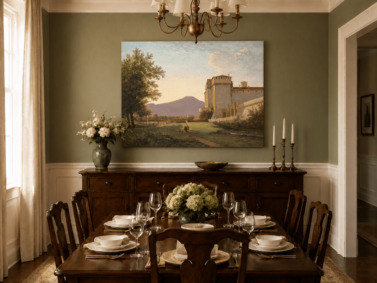 Hand-painted Sunlit Castle and Mountain View landscape oil painting displayed as wall art in a styled interior