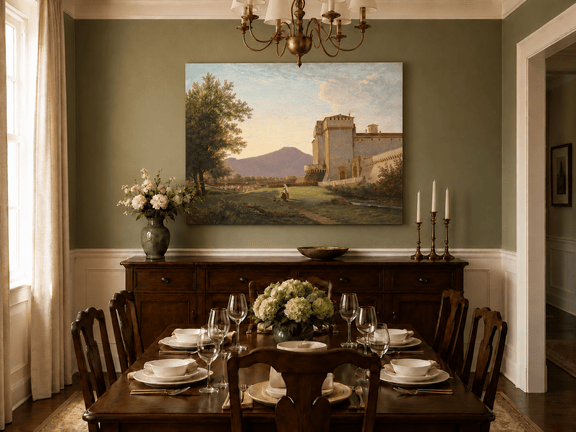 Hand-painted Sunlit Castle and Mountain View landscape oil painting displayed as wall art in a styled interior