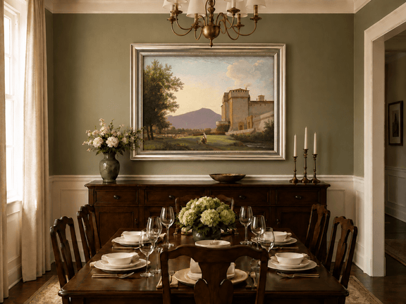 Hand-painted Sunlit Castle and Mountain View landscape oil painting displayed as wall art in a styled interior