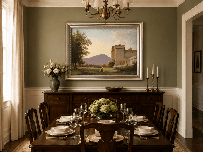 Hand-painted Sunlit Castle and Mountain View landscape oil painting displayed as wall art in a styled interior