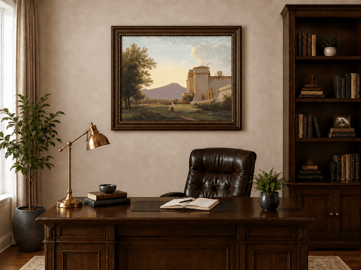 Hand-painted Sunlit Castle and Mountain View landscape oil painting displayed as wall art in a styled interior
